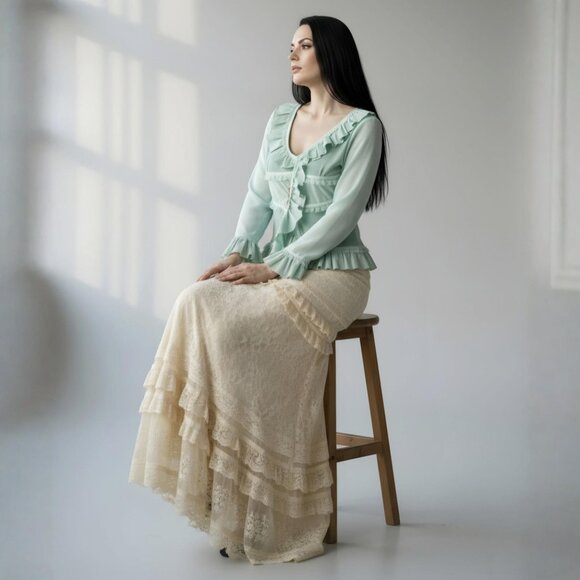 Aryeh ✦ Mint Green Ruffle Lace Long Sleeve Blouse ✦ Boho Romantic Feminine L - Picture 4 of 11